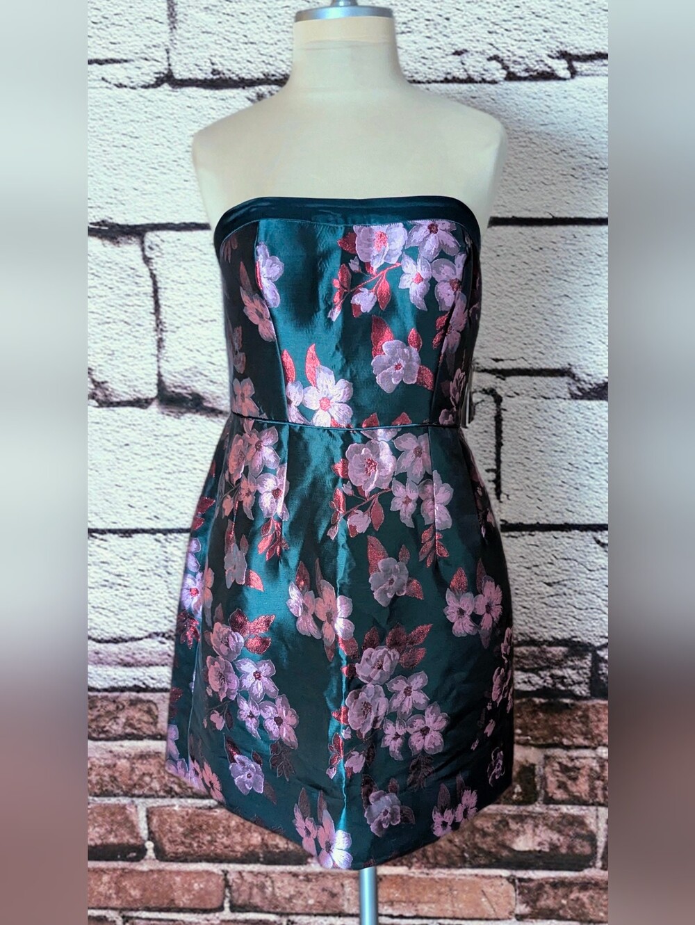 Aidan Mattox Strapless Hunter Green Metallic Floral Jacquard Mini Dress - NWT 12